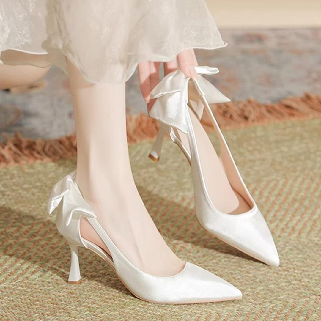 High Heel Satin Point Toe Wedding Shoes With Bowknot