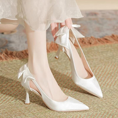 High Heel Satin Point Toe Wedding Shoes With Bowknot