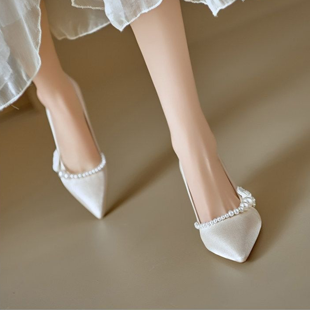 Kitten Heel Satin Point Toe Wedding Shoes With Imitation Pearl