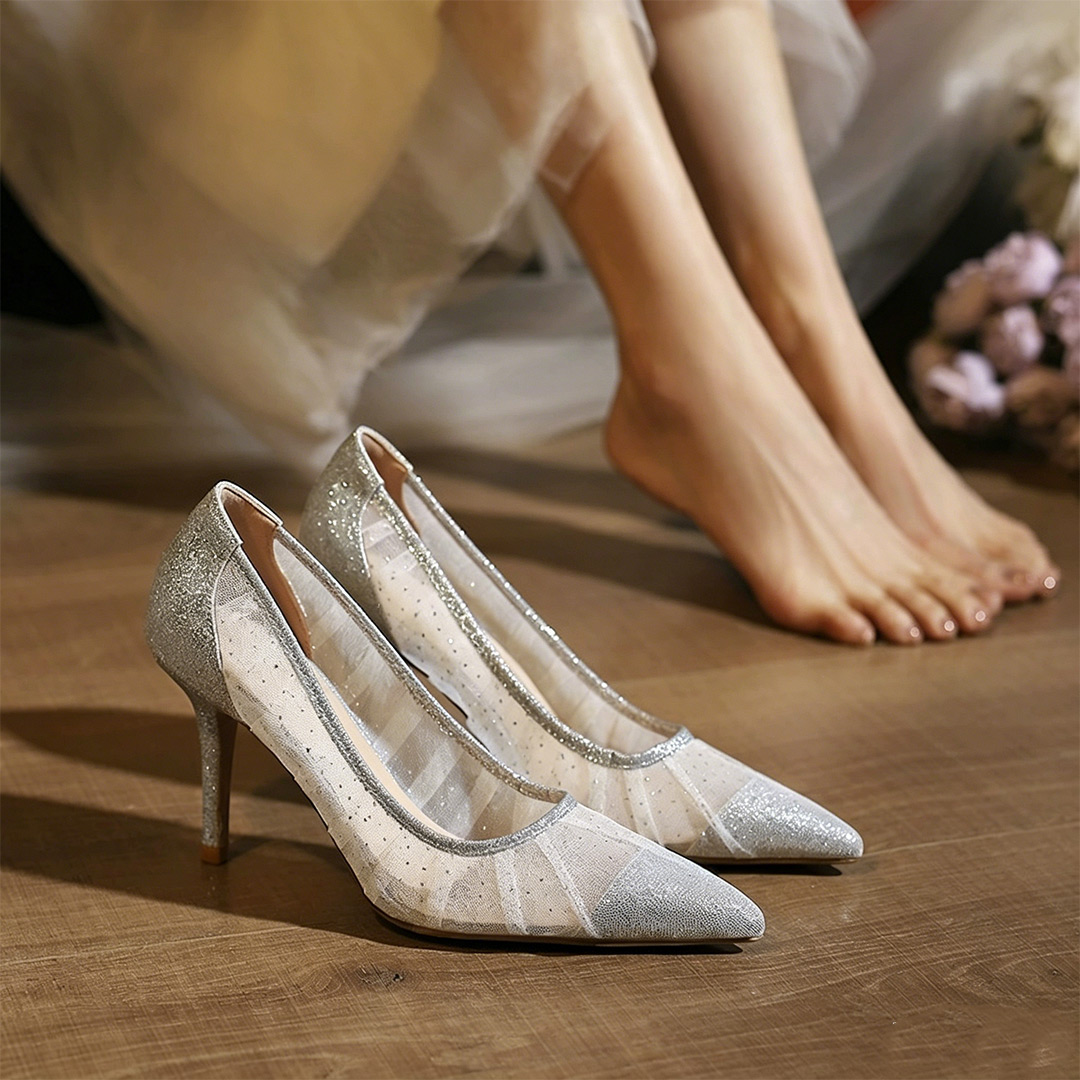 High Heel Lace Point Toe Wedding Shoes