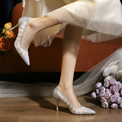 High Heel Lace Point Toe Wedding Shoes