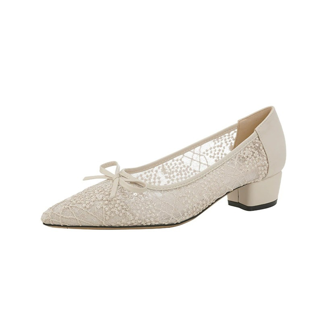 Chunky Heel Lace Point Toe Wedding Shoes With Bowknot