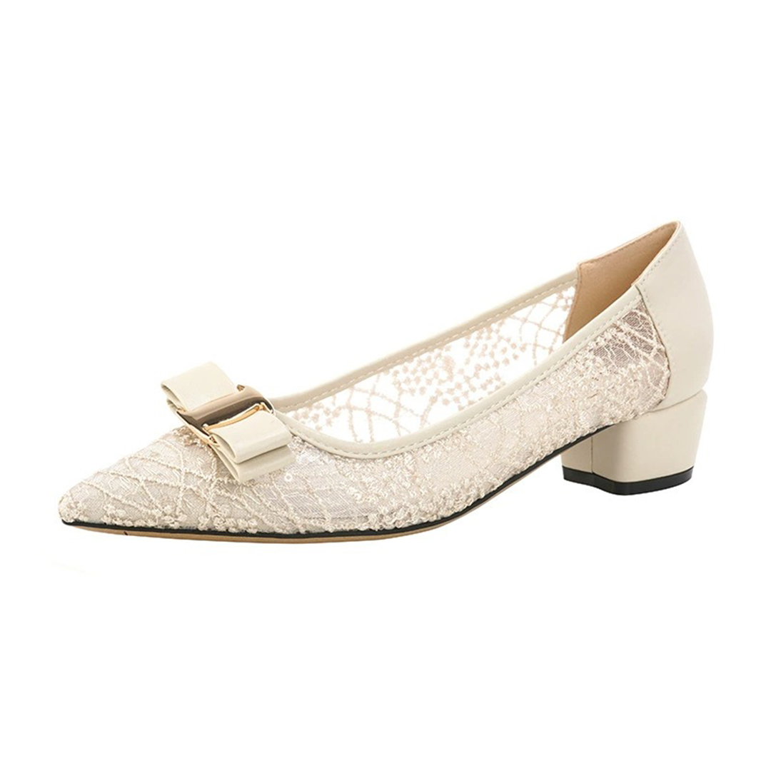 Low Heel Lace Point Toe Wedding Shoes With Bowknot