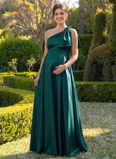 A-Line One-Shoulder Sleeveless Floor-Length Satin Maternity Bridesmaid Dresses With Bow(s)