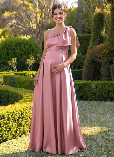 A-Line One-Shoulder Sleeveless Floor-Length Satin Maternity Bridesmaid Dresses With Bow(s)
