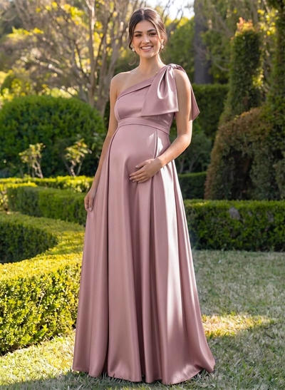 A-Line One-Shoulder Sleeveless Floor-Length Satin Maternity Bridesmaid Dresses With Bow(s)