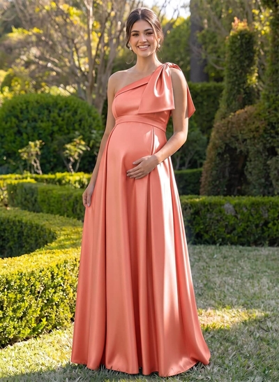 A-Line One-Shoulder Sleeveless Floor-Length Satin Maternity Bridesmaid Dresses With Bow(s)