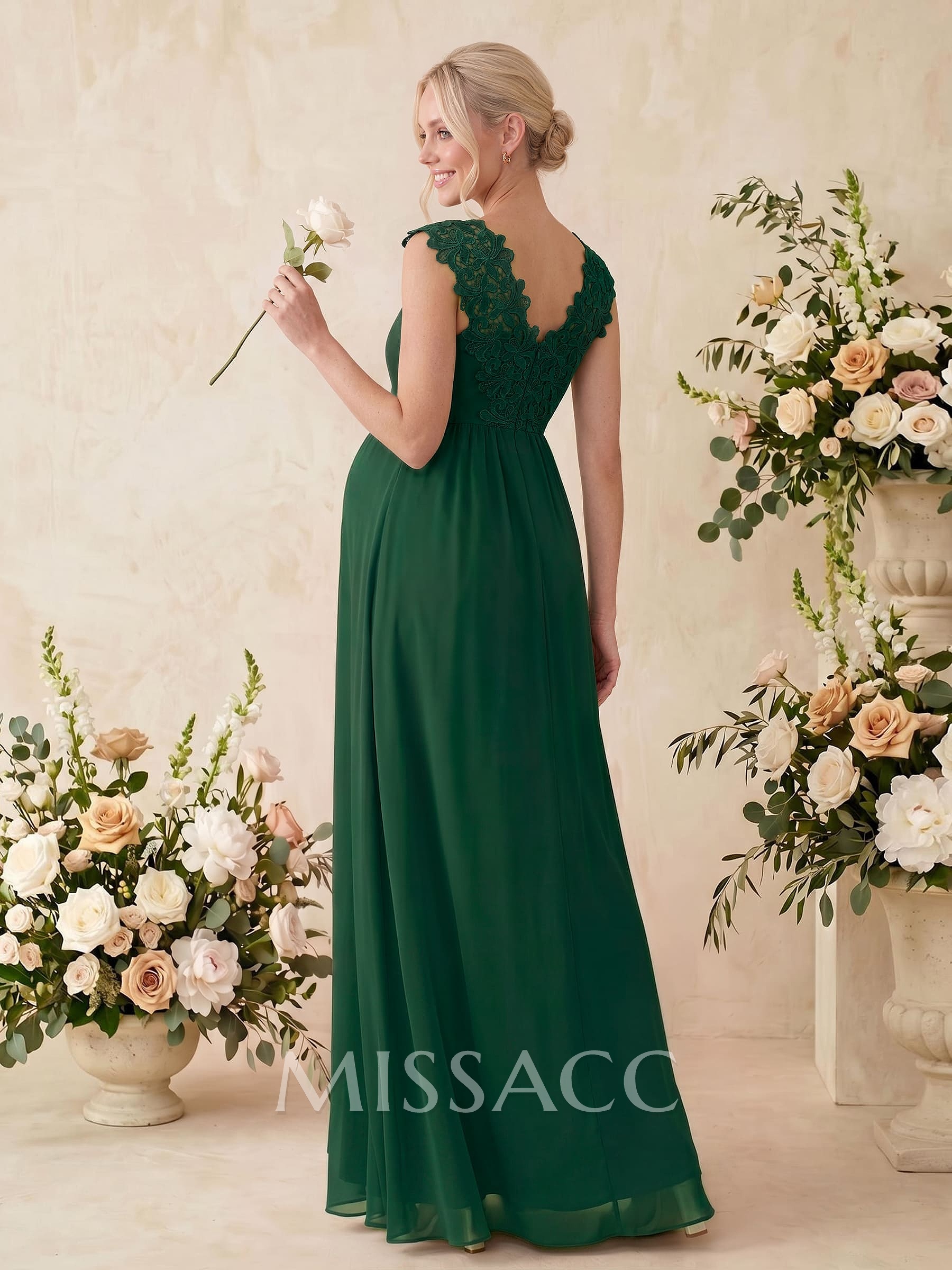 A-Line V-Neck Sleeveless Floor-Length Chiffon/Lace Maternity Bridesmaid Dresses With Split Front/Cascading Ruffles
