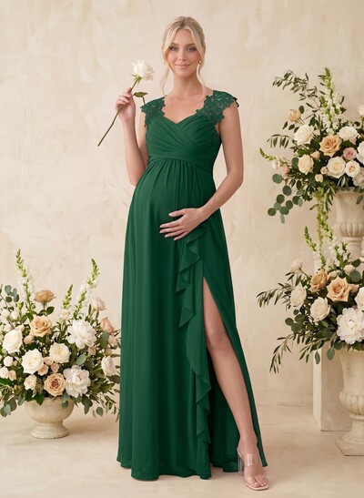 A-Line V-Neck Sleeveless Floor-Length Chiffon/Lace Maternity Bridesmaid Dresses With Split Front/Cascading Ruffles