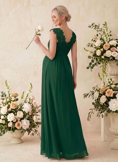 A-Line V-Neck Sleeveless Floor-Length Chiffon/Lace Maternity Bridesmaid Dresses With Split Front/Cascading Ruffles