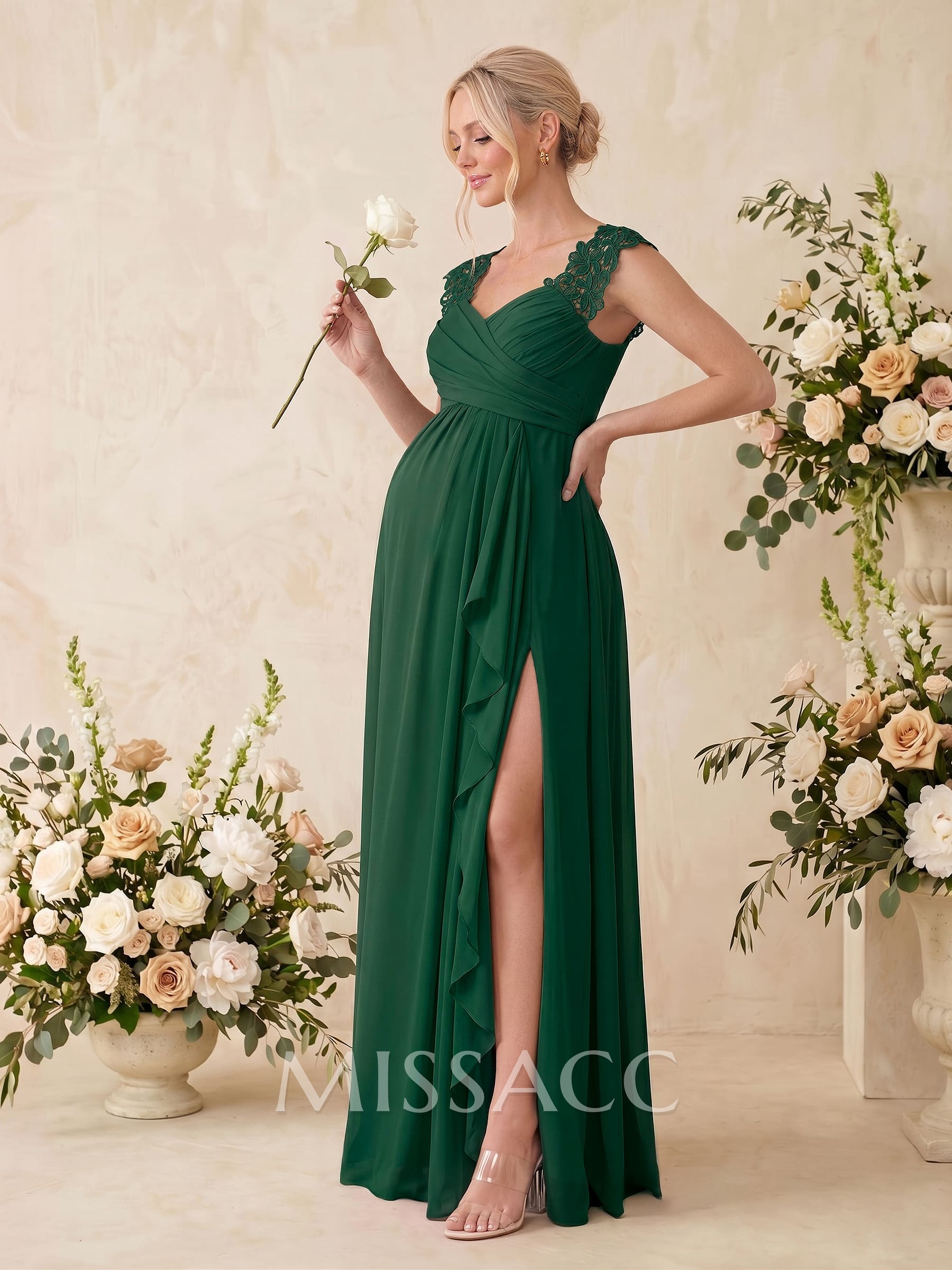 A-Line V-Neck Sleeveless Floor-Length Chiffon/Lace Maternity Bridesmaid Dresses With Split Front/Cascading Ruffles