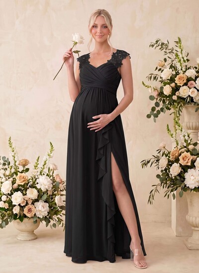 A-Line V-Neck Sleeveless Floor-Length Chiffon/Lace Maternity Bridesmaid Dresses With Split Front/Cascading Ruffles