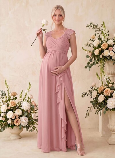 A-Line V-Neck Sleeveless Maxi Chiffon/Lace Maternity Bridesmaid Dresses with Front Split and Cascading Ruffles