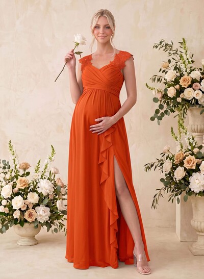 A-Line V-Neck Sleeveless Floor-Length Chiffon/Lace Maternity Bridesmaid Dresses with Front Slit and Cascading Ruffles
