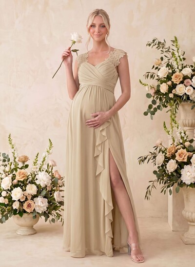 A-Line V-Neck Sleeveless Floor-Length Chiffon/Lace Maternity Bridesmaid Dresses With Split Front/Cascading Ruffles