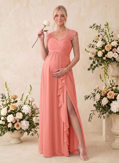 A-Line V-Neck Sleeveless Floor-Length Chiffon/Lace Maternity Bridesmaid Dresses With Split Front/Cascading Ruffles