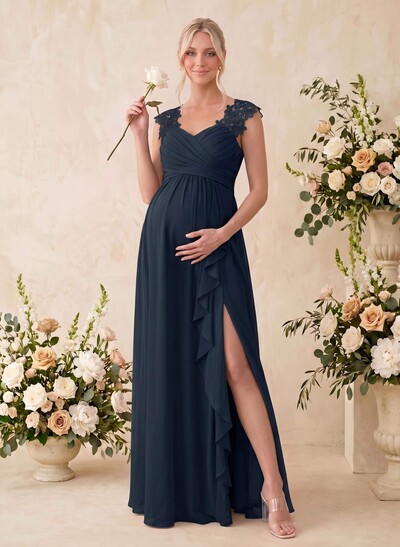 A-Line V-Neck Sleeveless Floor-Length Chiffon/Lace Maternity Bridesmaid Dresses With Split Front/Cascading Ruffles