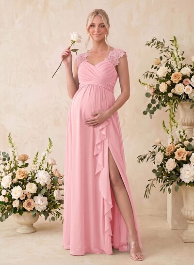A-Line V-Neck Sleeveless Floor-Length Chiffon/Lace Maternity Bridesmaid Dresses With Split Front/Cascading Ruffles