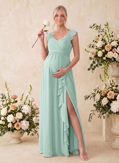 A-Line V-Neck Sleeveless Floor-Length Chiffon/Lace Maternity Bridesmaid Dresses With Split Front/Cascading Ruffles