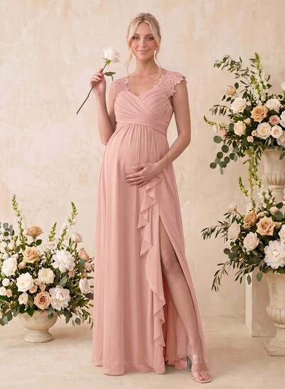A-Line V-Neck Sleeveless Floor-Length Chiffon/Lace Maternity Bridesmaid Dresses With Split Front/Cascading Ruffles