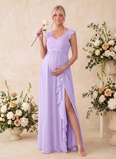 A-Line V-Neck Sleeveless Floor-Length Chiffon/Lace Maternity Bridesmaid Dresses With Front Slit And Cascading Ruffles