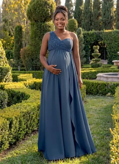 A-Line One-Shoulder Sleeveless Floor-Length Elastic Satin Maternity Bridesmaid Dresses With Beading