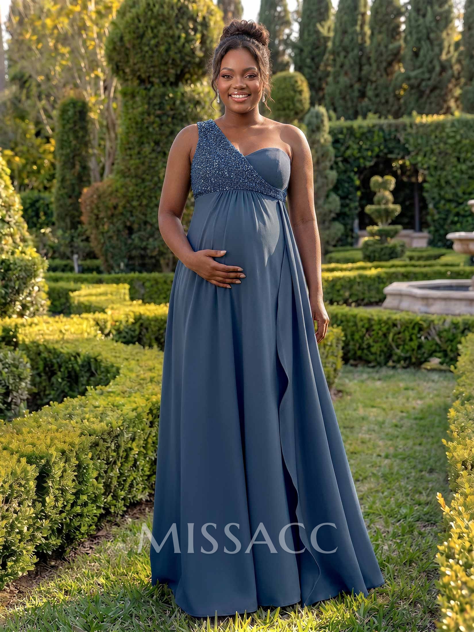 A-Line One-Shoulder Sleeveless Floor-Length Elastic Satin Maternity Bridesmaid Dresses With Beading