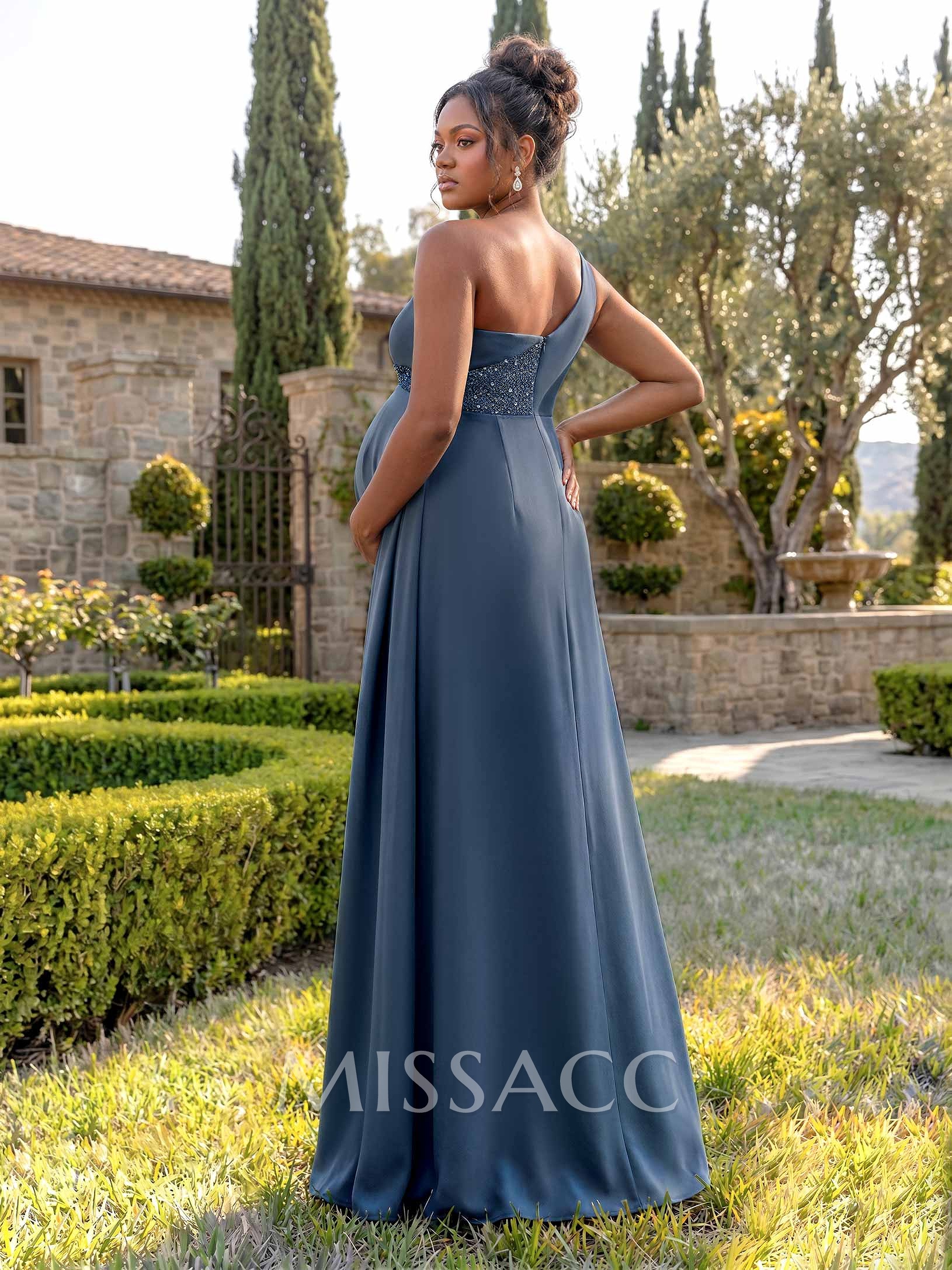 A-Line One-Shoulder Sleeveless Floor-Length Elastic Satin Maternity Bridesmaid Dresses With Beading
