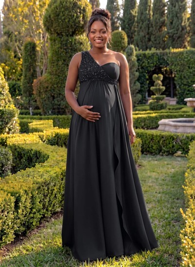 A-Line One-Shoulder Sleeveless Floor-Length Elastic Satin Bridesmaid Dresses With Sequins