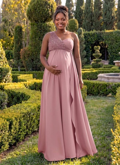 A-Line One-Shoulder Sleeveless Floor-Length Elastic Satin Bridesmaid Dresses With Sequins