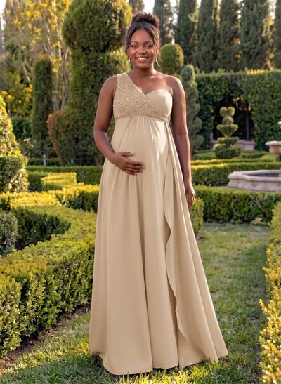 A-Line One-Shoulder Sleeveless Floor-Length Elastic Satin Bridesmaid Dresses With Sequins