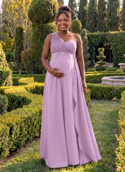 A-Line One-Shoulder Sleeveless Maxi Stretch Satin Bridesmaid Dresses With Sequins