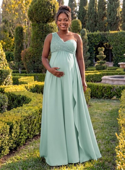 A-Line One-Shoulder Sleeveless Floor-Length Elastic Satin Bridesmaid Dresses With Sequins