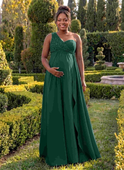 A-Line One-Shoulder Sleeveless Floor-Length Elastic Satin Bridesmaid Dresses With Sequins