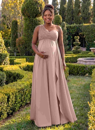 A-Line One-Shoulder Sleeveless Floor-Length Elastic Satin Bridesmaid Dresses With Sequins
