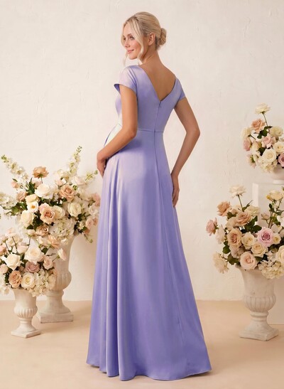 A-Line Cowl Neck Short Sleeves Floor-Length Stretch Satin Maternity Bridesmaid Dresses