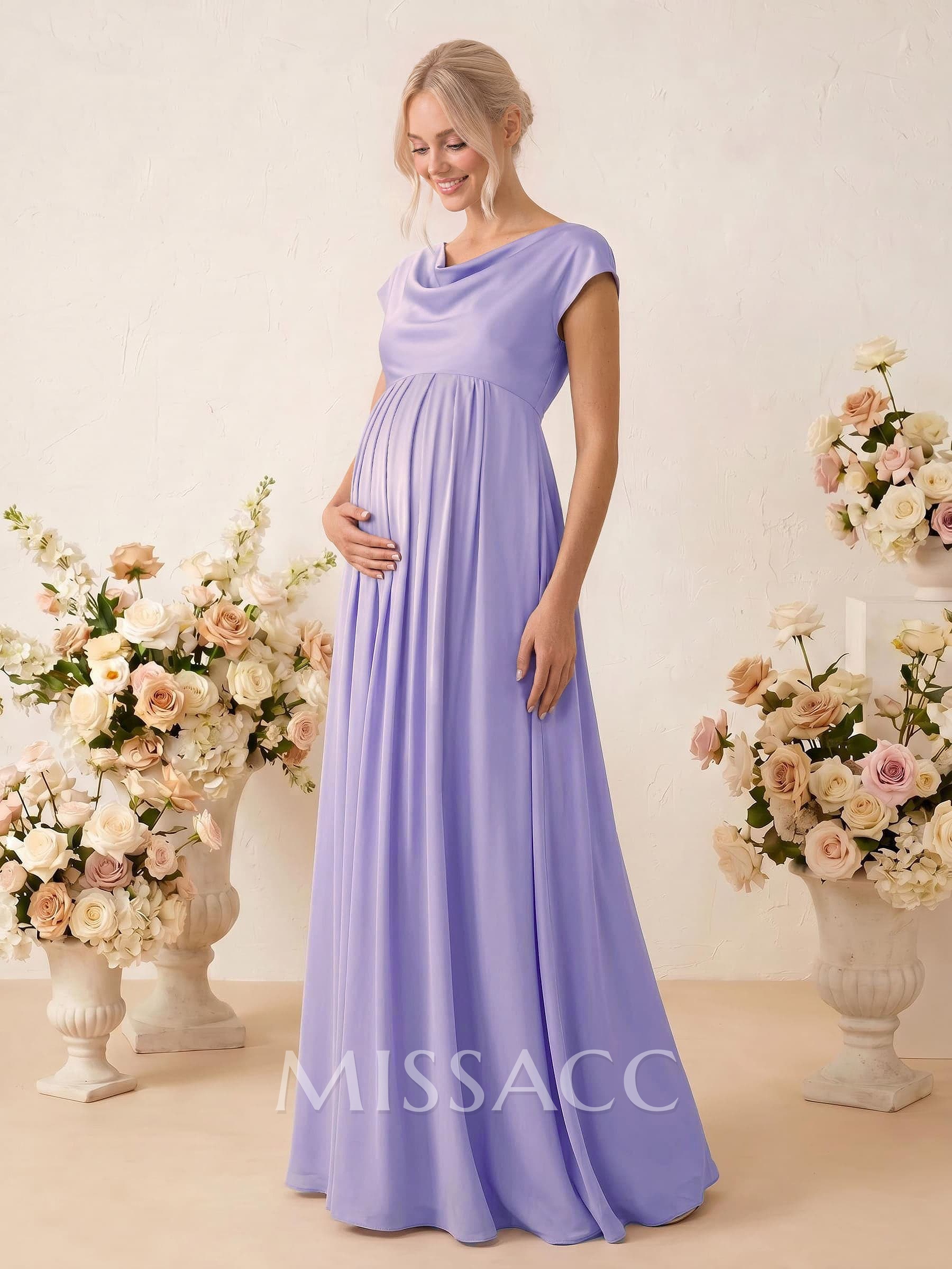 A-Line Cowl Neck Short Sleeves Floor-Length Stretch Satin Maternity Bridesmaid Dresses