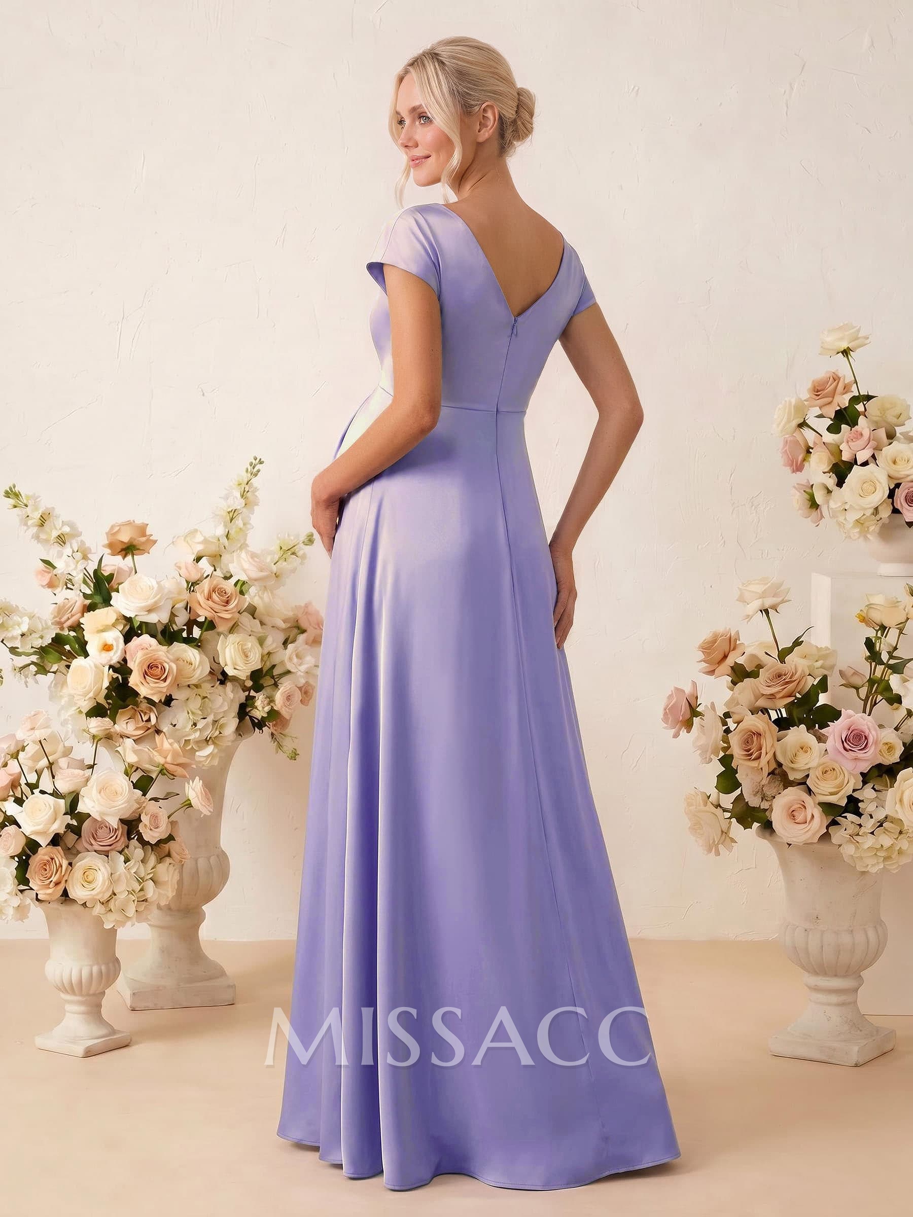 A-Line Cowl Neck Short Sleeves Floor-Length Stretch Satin Maternity Bridesmaid Dresses