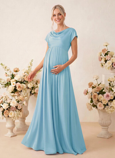 A-Line Cowl Neck Short Sleeves Floor-Length Stretch Satin Maternity Bridesmaid Dresses