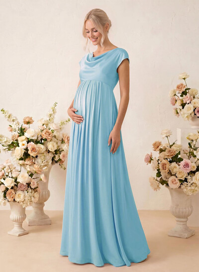 A-Line Cowl Neck Short Sleeves Floor-Length Stretch Satin Maternity Bridesmaid Dresses
