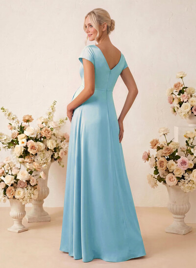 A-Line Cowl Neck Short Sleeves Floor-Length Stretch Satin Maternity Bridesmaid Dresses