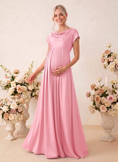A-Line Cowl Neck Short Sleeves Floor-Length Stretch Satin Maternity Bridesmaid Dresses