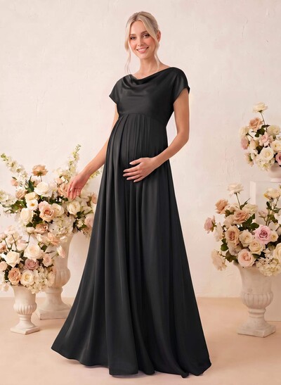 A-Line Cowl Neck Short Sleeves Floor-Length Stretch Satin Maternity Bridesmaid Dresses