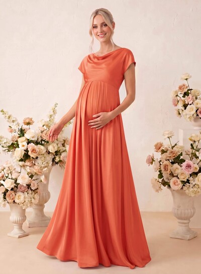 A-Line Cowl Neck Short Sleeves Floor-Length Stretch Satin Maternity Bridesmaid Dresses