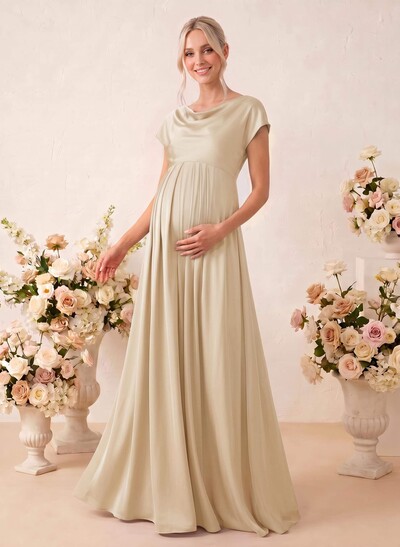 A-Line Cowl Neck Short Sleeves Floor-Length Stretch Satin Maternity Bridesmaid Dresses