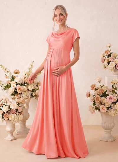 A-Line Cowl Neck Short Sleeves Floor-Length Stretch Satin Maternity Bridesmaid Dresses