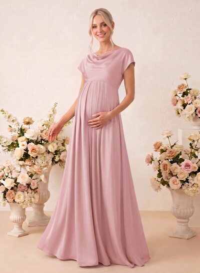 A-Line Cowl Neck Short Sleeves Floor-Length Stretch Satin Maternity Bridesmaid Dresses