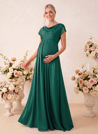 A-Line Cowl Neck Short Sleeves Floor-Length Stretch Satin Maternity Bridesmaid Dresses