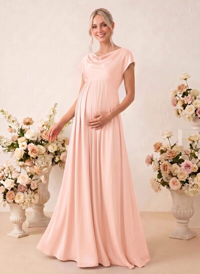 A-Line Cowl Neck Short Sleeves Floor-Length Stretch Satin Maternity Bridesmaid Dresses