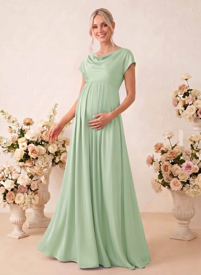 A-Line Cowl Neck Short Sleeves Floor-Length Stretch Satin Maternity Bridesmaid Dresses